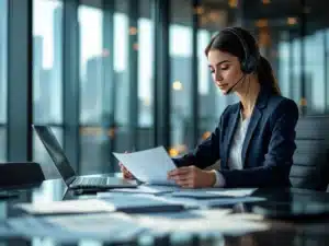 Professionele zakenvrouw in marineblauw pak bespreekt compliance documenten via headset in modern kantoor