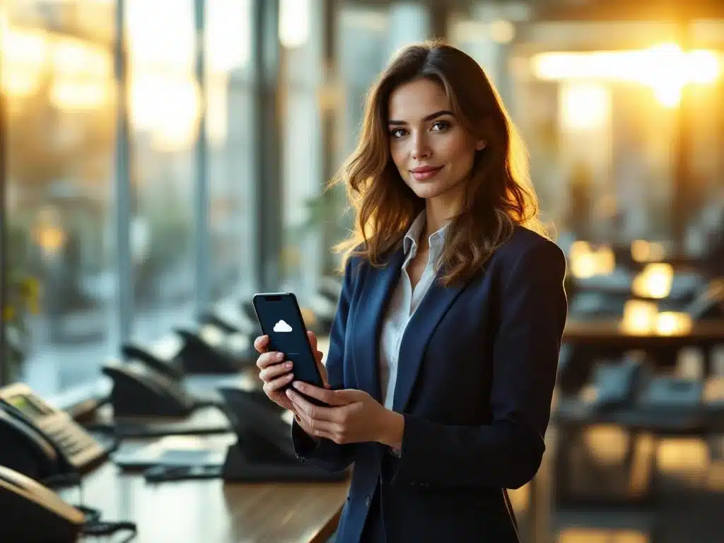 Zakenvrouw in marineblauw jasje toont smartphone met cloud-interface in modern kantoor met traditionele telefoons