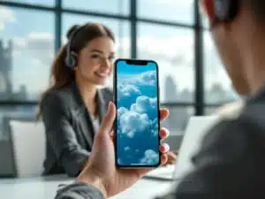Zakenvrouw met smartphone tijdens videogesprek aan wit bureau in moderne kantooromgeving met natuurlijk licht