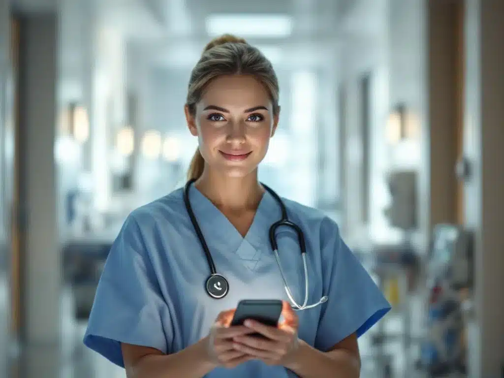 Zorgverlener in ziekenhuisgang houdt smartphone met belinterface, moderne gezondheidszorg technologie