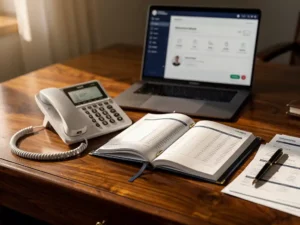Bureautelefoon en opengeslagen financieel grootboek op een eikenhouten boekhoudbureau, met laptop met beldashboard op de achtergrond.