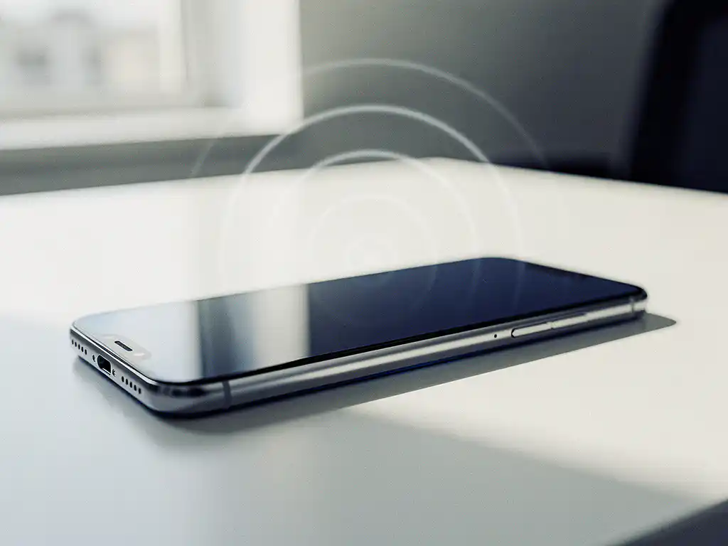 Moderne smartphone liggend op wit bureau met zachte bokeh-achtergrond die draadloos signaal suggereert, kantooromgeving.