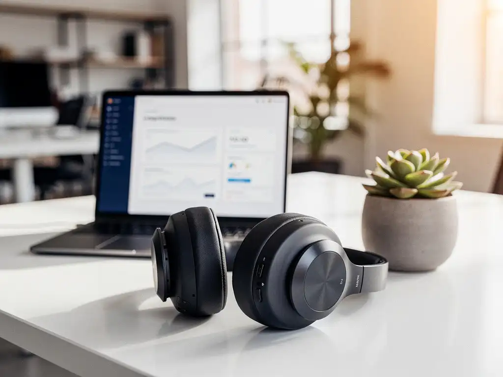 Draadloze headset op wit bureau naast laptop met dashboard, klein vetplantje en wazig kantoor op de achtergrond.