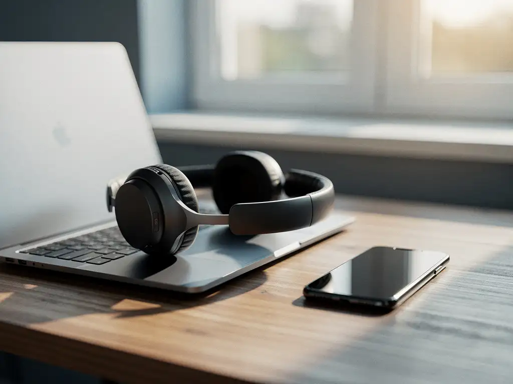 Draadloze headset op een open laptop in een lichte thuiswerkplek, met een smartphone ernaast en zacht ochtendlicht.