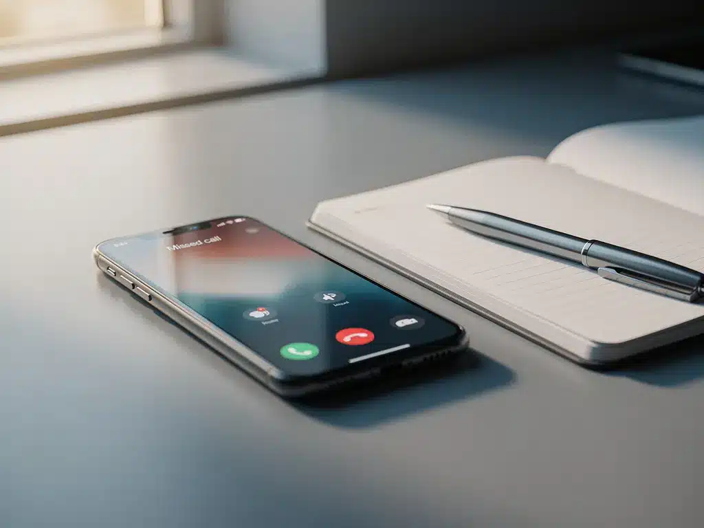Smartphone op kantoorbureau met gemiste oproep melding, open notitieboekje met pen ernaast, zacht natuurlijk licht.