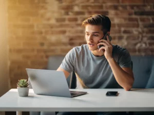 Jonge ondernemer voert professioneel videogesprek op laptop aan minimalistisch bureau met succulent en smartphone, gouden ochtendlicht.