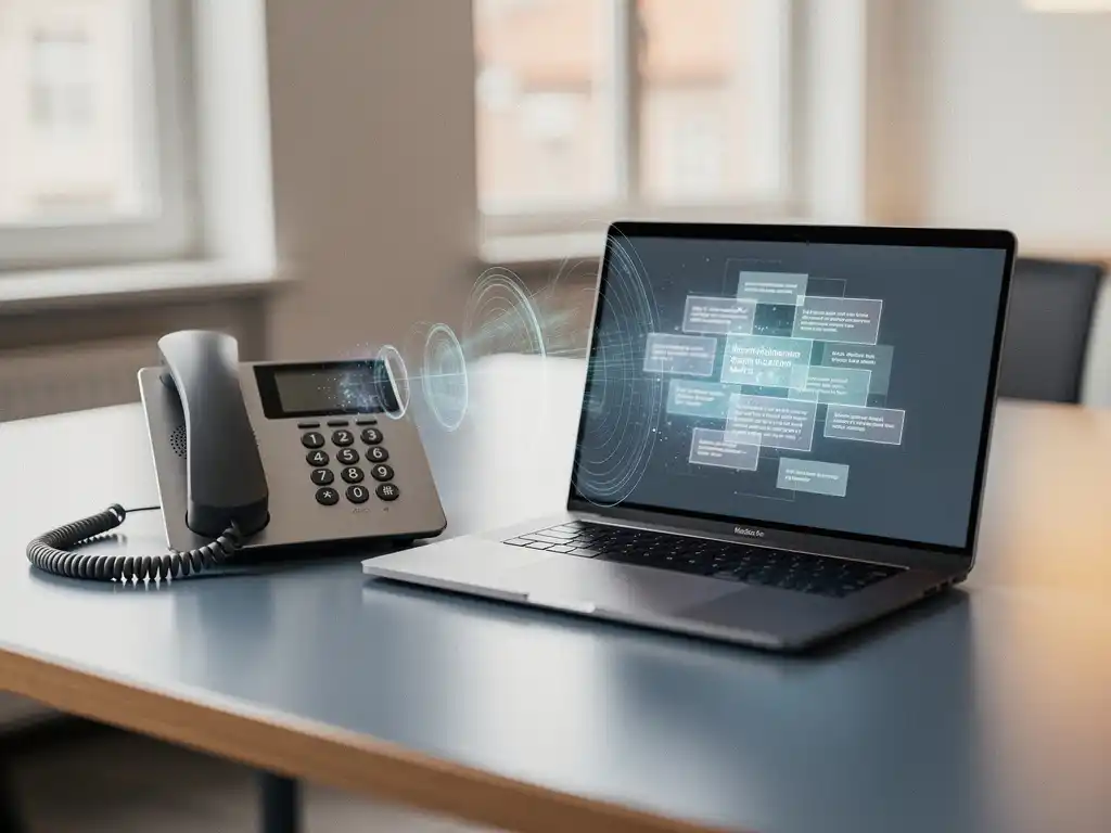 Moderne bureautelefoon naast een open laptop in een Belgisch kantoor met warme omgevingsverlichting en vergadernotities op het scherm.