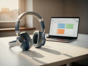 Professionele headset op modern bureau naast laptop met CRM-dashboard, warm Belgisch kantoor met natuurlijk raamlicht.