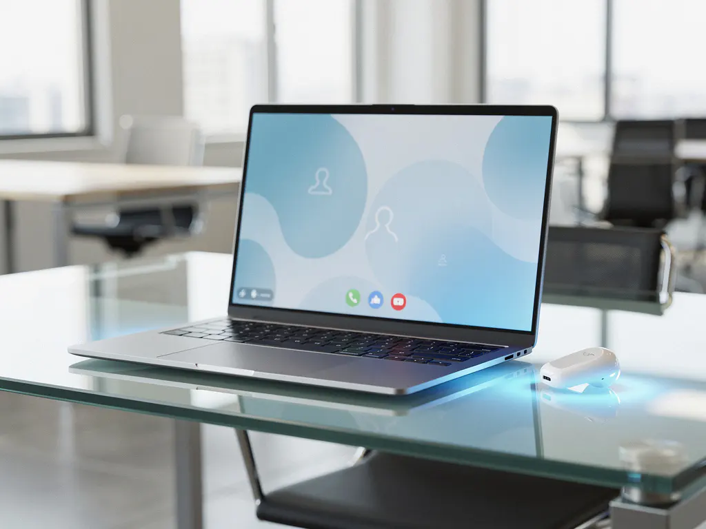 Laptop op glazen bureau met actief bel-interface en draadloos oortje, zakelijke VoIP-omgeving in modern kantoor met blauw schermgloed.