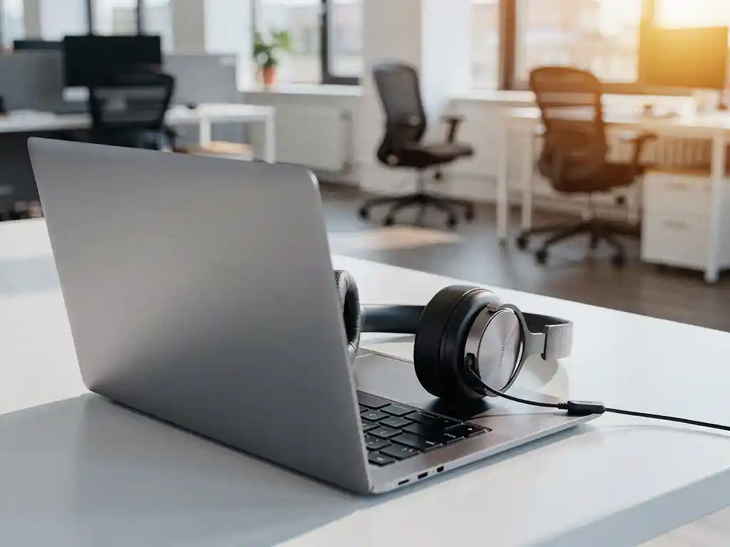 Laptop op kantoorbureau met professionele USB-headset op het toetsenbord, open kantoorruimte op de achtergrond.