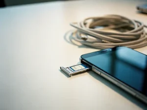 Smartphone met uitgeschoven simkaart op modern bureau, zachte kabelspiralen op de achtergrond, zilveren en blauwe tinten.