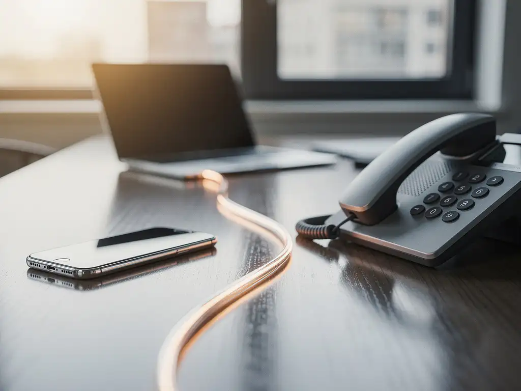 Smartphone en bureautelefoon verbonden door een glasvezelkabel op een kantoorbureau, warm Belgisch daglicht op de achtergrond.