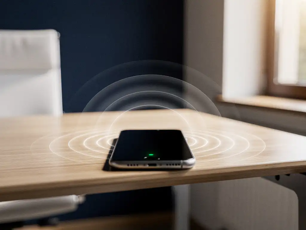 Smartphone op kantoorbureau schakelt tussen wifi en mobiel netwerk, met zichtbare signaalgolven en groen indicatielampje.