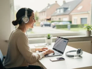 Professional werkt vanuit licht thuiskantoor met laptop en draadloze headset, Belgische straat zichtbaar door groot raam.
