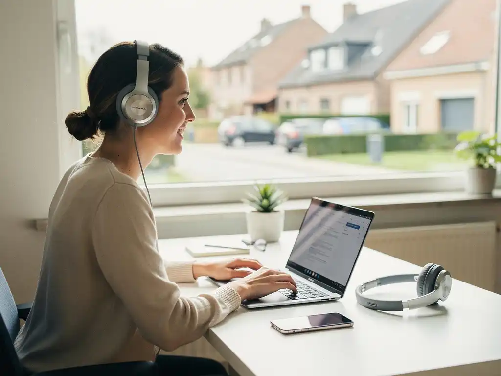 Professional werkt vanuit licht thuiskantoor met laptop en draadloze headset, Belgische straat zichtbaar door groot raam.