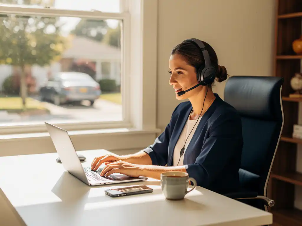Professional werkt vanuit huis aan laptop met draadloze headset, smartphone en koffie op bureau bij zonnig raam.