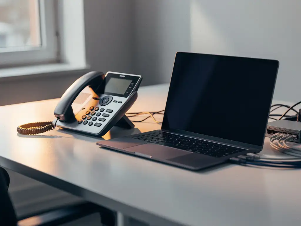 VoIP-desktelefoon verbonden met laptop op minimalistisch kantoorbureau, met zichtbare ethernetkabels en kleine netwerkswitch.