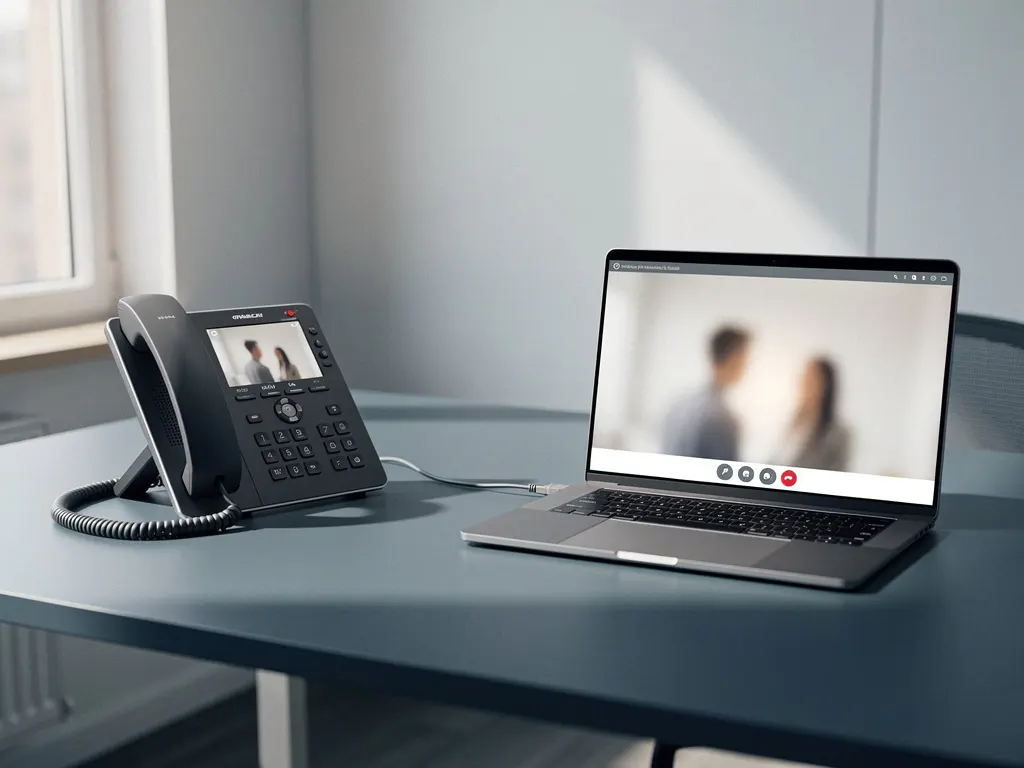 VoIP-bureautelefoon naast laptop met videogesprek op modern kantoor in België, verbonden via ethernetkabel, natuurlijk zijlicht.