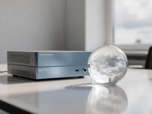 VoIP-server op een modern kantoorbureau naast een glazen bol met wolkenreflectie, symboliseert on-premise en cloud-telefonie.