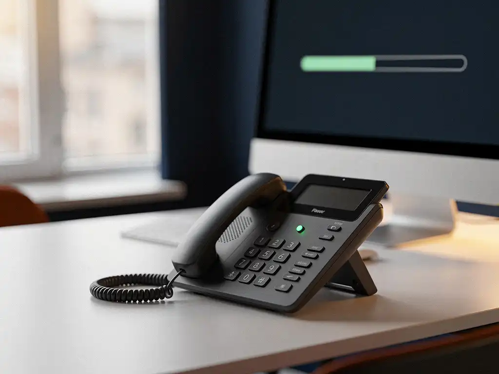 Moderne kantoortelefoon met groen statuslampje op opgeruimd bureau in Belgisch kantoor met natuurlijk raamlicht.