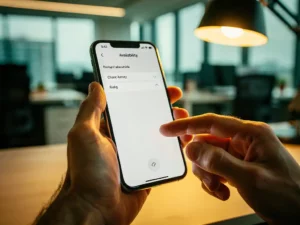 Hand van professional die beschikbaarheidsinstellingen aanpast op smartphone, warme bureaulamp en kantoortuin op de achtergrond.