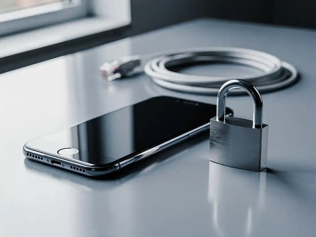 Zakelijke smartphone op gepolijst bureau naast klein hangslot en gevouwen ethernetkabel, symbool voor veilig bellen via internet.