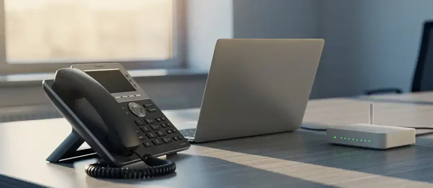 Professionele IP-desktelefoon en laptop op modern kantoorbureau met kleine router en warm middaglicht.