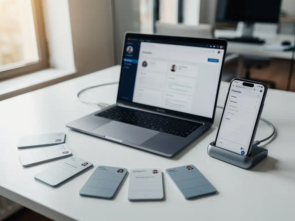Smartphone gekoppeld aan laptop met CRM-dashboard en uitwaaierend klantcontactkaarten op wit bureau in Belgisch kantoor.