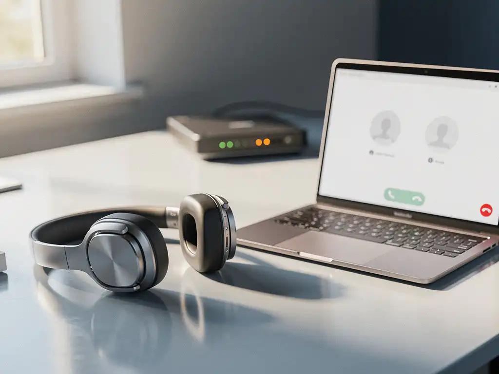 Draadloze headset op kantoorbureau naast laptop met actief gesprek en router op de achtergrond, zakelijke VoIP-opstelling.