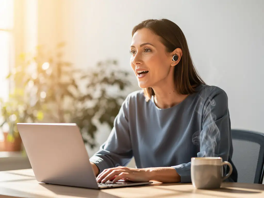 Professional met draadloze oordopjes aan thuiswerkbureau, laptop en dampende koffie naast groene kamerplanten in warm ochtendlicht.