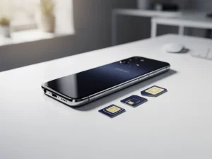 Smartphone liggend op wit bureau met twee simkaarten ernaast, bovenaanzicht in natuurlijk zijlicht.