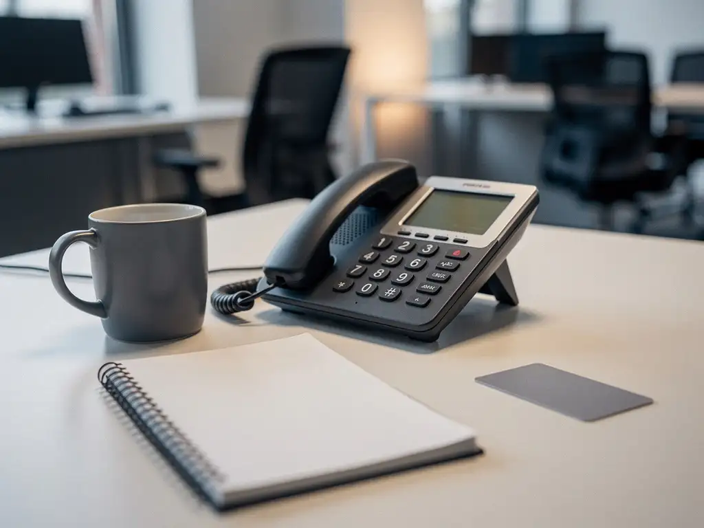 Gedeelde bureautelefoon in cradle omringd door koffiemok, notitieboek en toegangspas in modern Belgisch kantoor.
