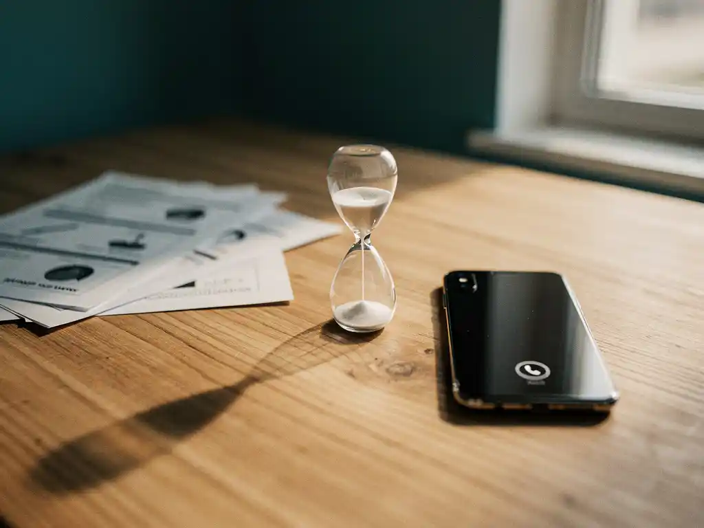 Smartphone met gemiste oproep melding op bureau naast zandloper, uitgewaaierde gesprekslogboeken op de achtergrond.