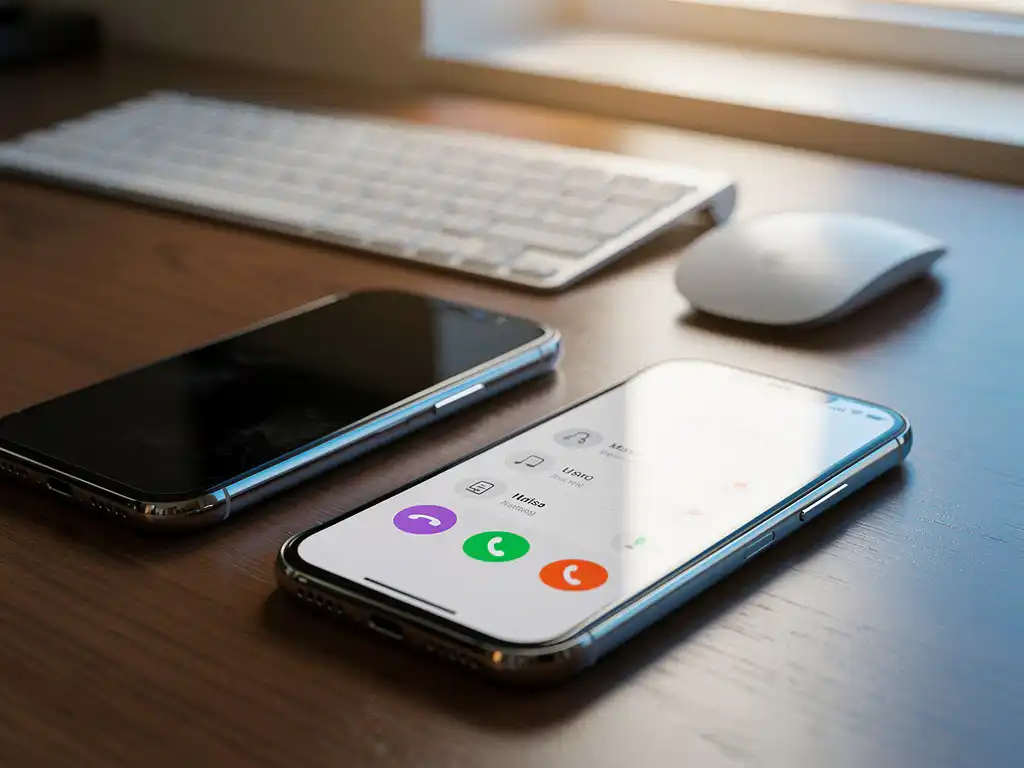 Smartphone op kantoorbureau met gemiste oproepen op het scherm, tweede telefoon donker op de achtergrond, warm zijlicht.