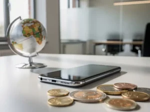 Smartphone op kantoorbureau naast een wereldbol en buitenlandse munten, symbool voor betaalbare internationale zakelijke gesprekken.