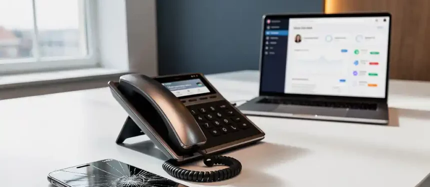 Gebarsten smartphone met gratis bel-app naast professionele bureautelefoon en laptop met zakelijk belplatform in modern Belgisch kantoor.