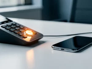 Moderne kantoortelefoon met verlichte doorschakelknop naast smartphone op wit bureau, warm licht, zakelijke werkplek.