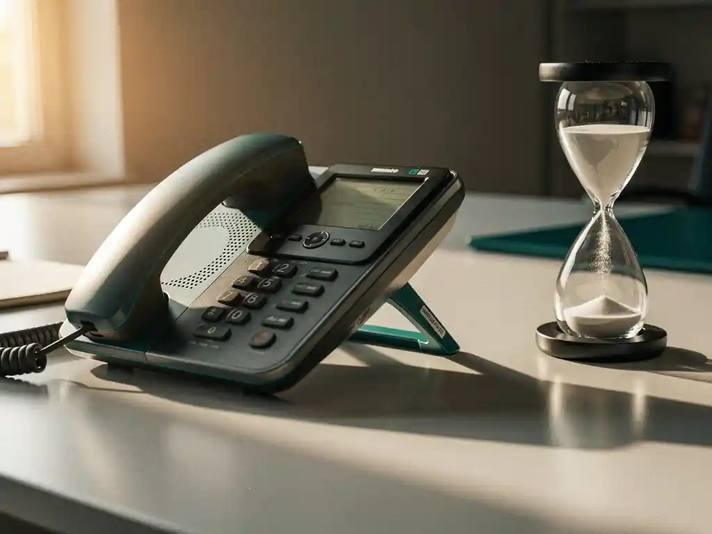 Zakelijke bureautelefoon met opgelichte hoorn naast een bijna lege zandloper op modern kantoorbureau, warm middaglicht.