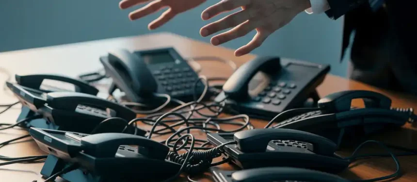 Gestrest persoon met handen boven meerdere tegelijk rinkelende telefoons op een rommelig bureau, warm en blauw licht.