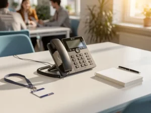 Nieuw bureau met VoIP-telefoon, bedrijfsbadge en notitieboek in een modern Belgisch kantoor met warm natuurlijk licht.