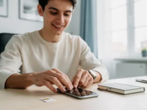 Jonge ondernemer plaatst simkaart in smartphone op minimalistisch houten bureau met notitieboekje, in lichte thuiswerkplek.
