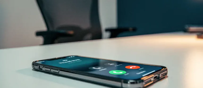 Smartphone op kantoorbureau met actief doorgeschakeld gesprek, lege bureaustoel op de achtergrond, warme kantoorverlichting.