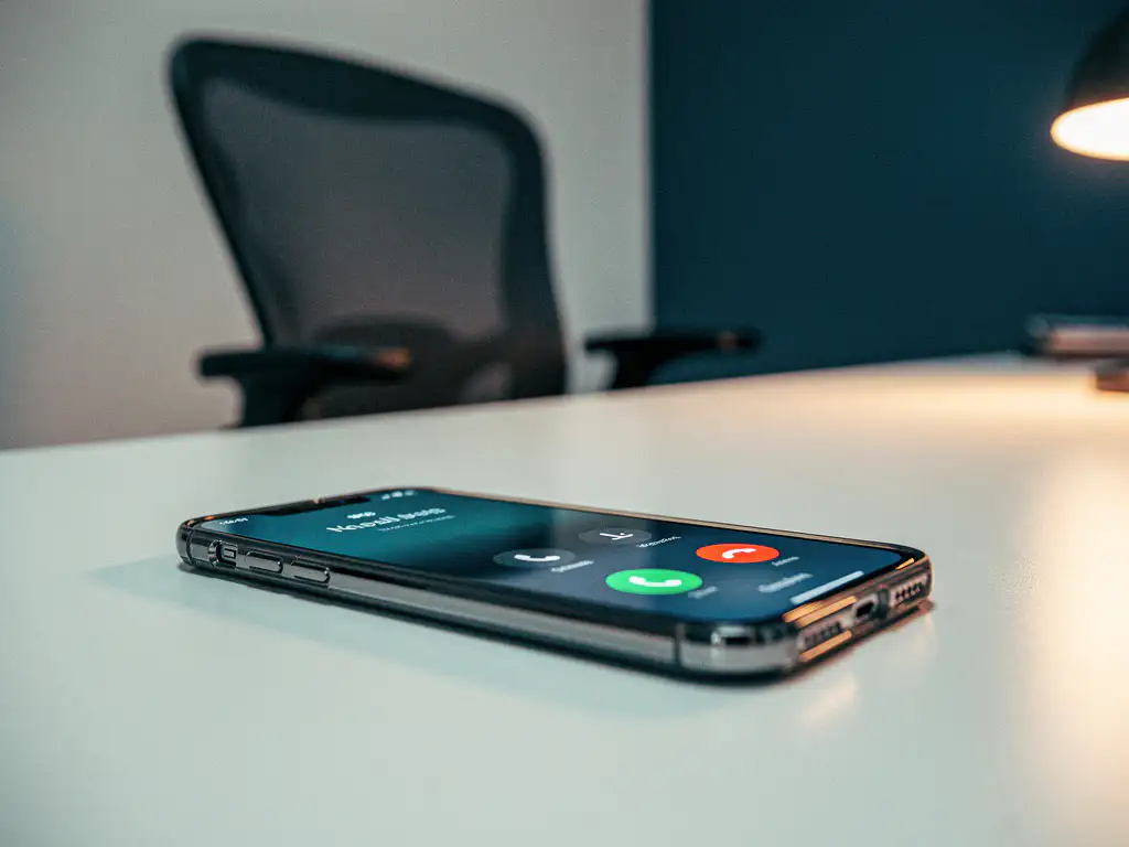 Smartphone op kantoorbureau met actief doorgeschakeld gesprek, lege bureaustoel op de achtergrond, warme kantoorverlichting.