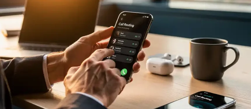 Professional past instellingen voor oproepdoorschakeling op smartphone, tweede apparaat op modern Belgisch bureaubureau in warm middaglicht.