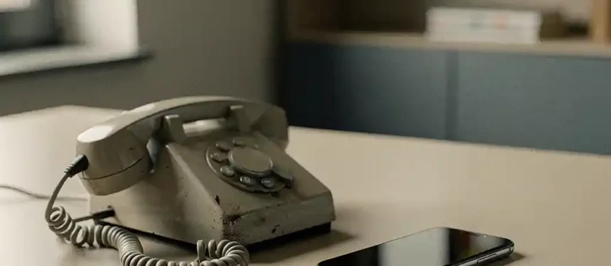 Vintage vaste telefoon naast moderne smartphone op minimalistisch kantoorbureau, zachte natuurlijke belichting.