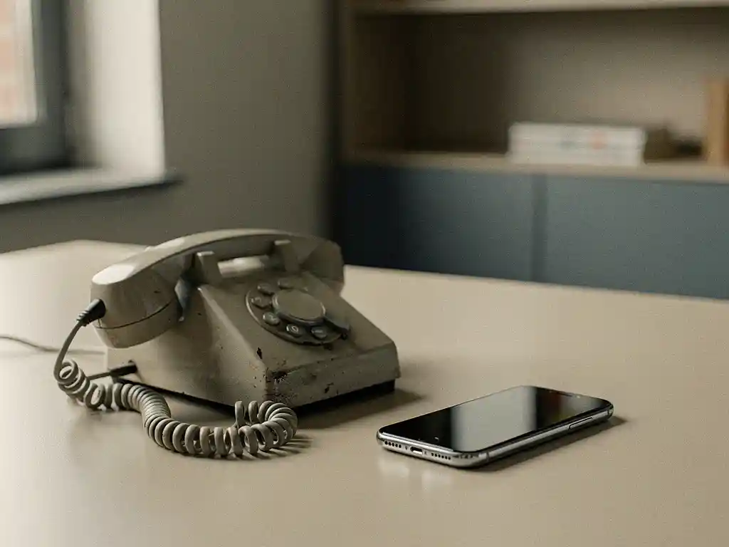 Vintage vaste telefoon naast moderne smartphone op minimalistisch kantoorbureau, zachte natuurlijke belichting.