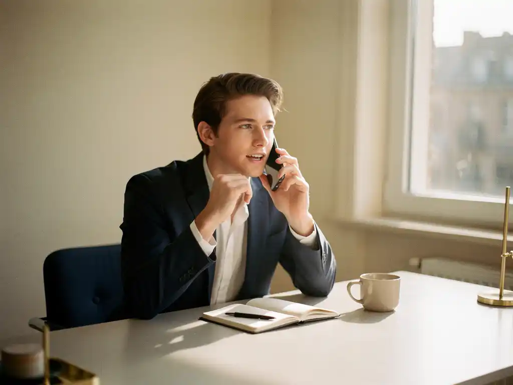 Jonge professional aan modern bureau belt zelfverzekerd met smartphone, notitieboek en koffie op de voorgrond, Belgisch ochtendlicht.