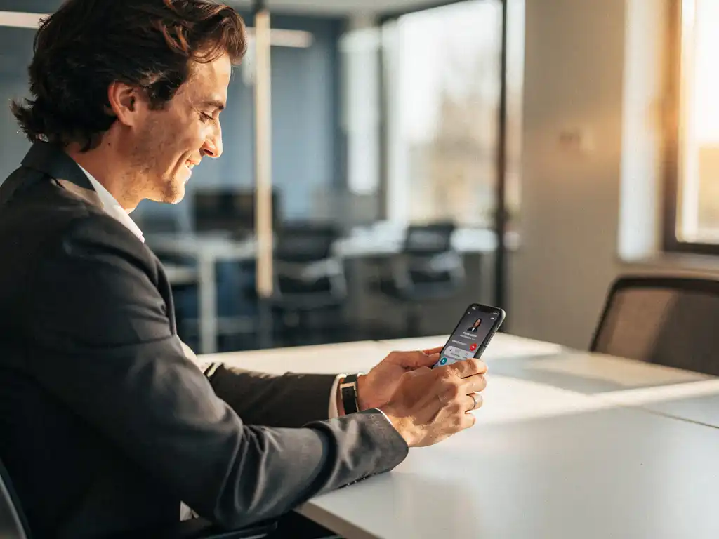 Professional in zonnig Belgisch kantoor schakelt tussen smartphone en desktop tijdens zakelijk gesprek.