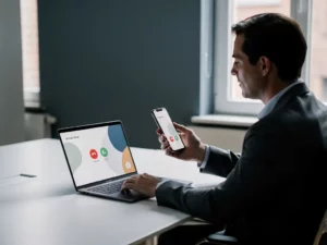 Professional in Belgisch kantoor voert telefoongesprek met smartphone, laptop met actieve belinterface open op bureau.
