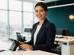 Professionele receptioniste glimlacht terwijl ze een moderne bureautelefoon vasthoudt in een licht Belgisch kantoor met grote ramen.